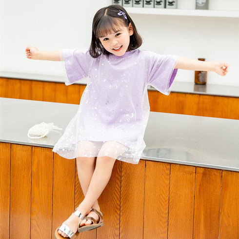 Round Neck Short Sleeve Shiny Mesh Princess Skirt